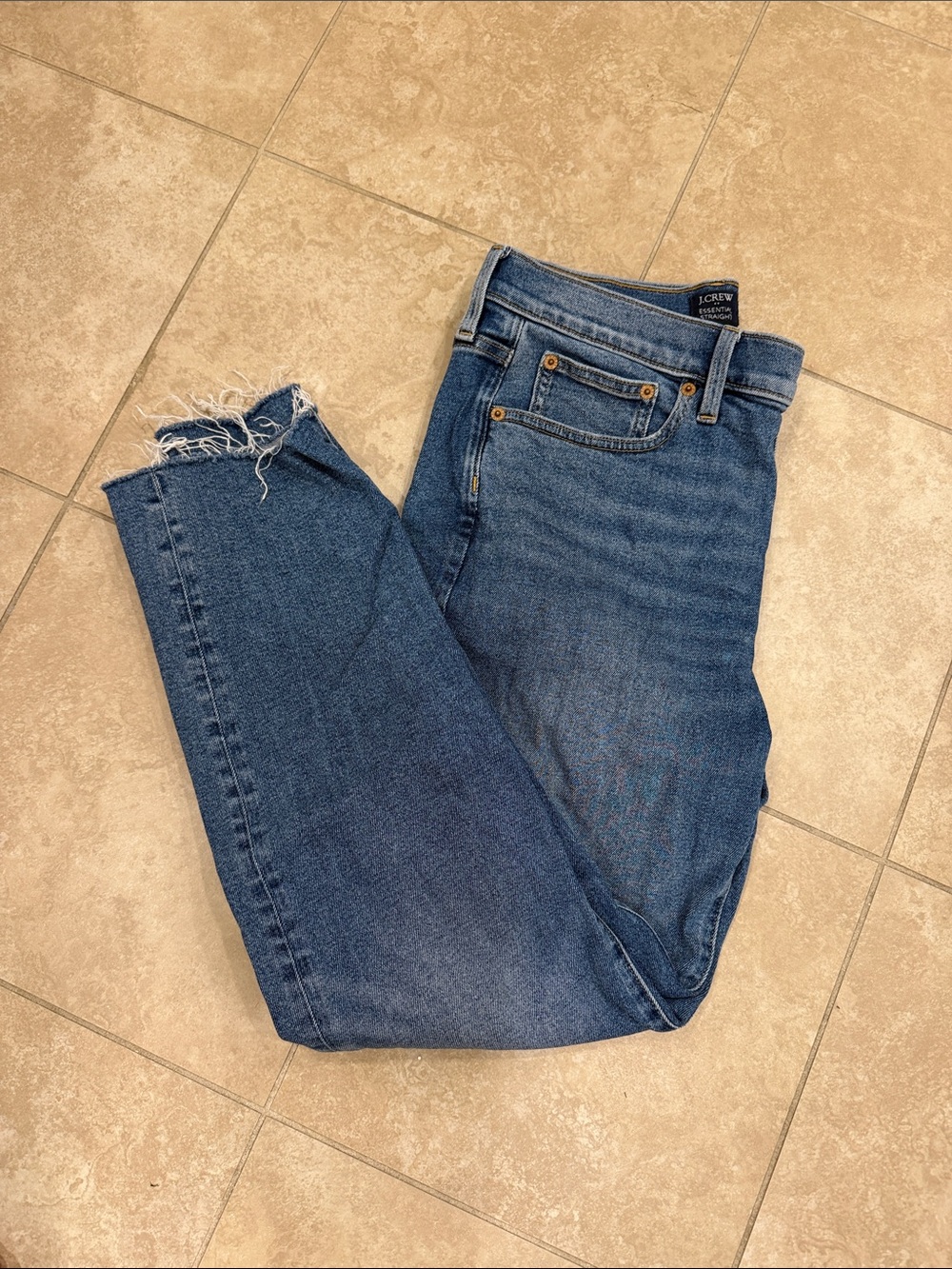 J. Crew Medium Blue Essential Straight Jeans with Raw Hem, Size 28
